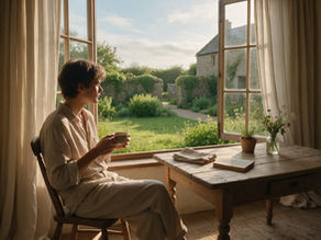 Person enjoying a quiet morning with coffee beside an open window in a countryside cottage.
