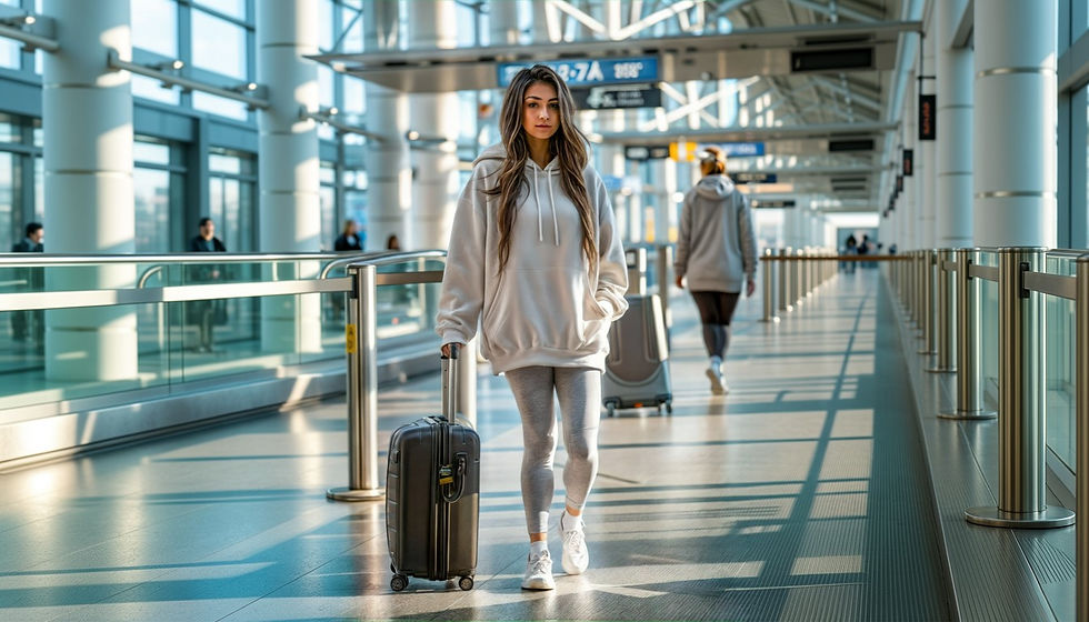 Woman in hoodie and leggings walking with suitcase at airport