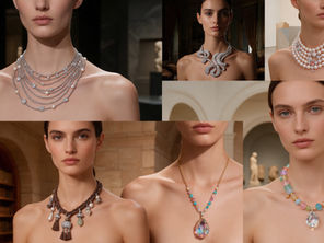 Editorial collage showing trendy necklace designs including layered chains, pearls, beads, pendants and sculptural silver jewellery