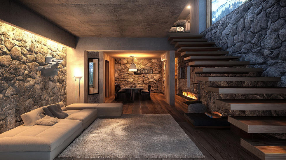 Modern living room interior design with stone walls and floating staircase