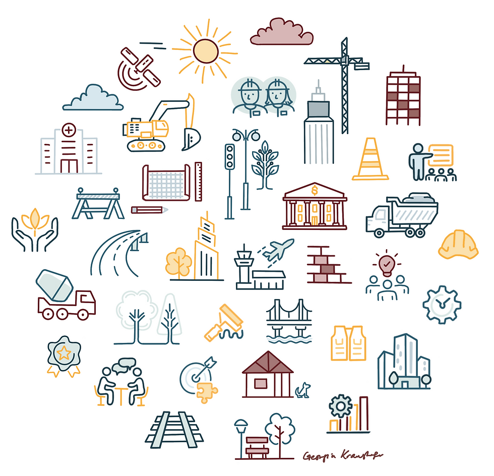 Collage of icons representing Launch Projects' diverse services, including planning, design, construction management, and mor