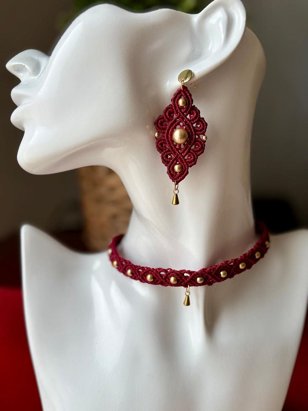 Miniature : Ensemble en macramé fait main de couleur bordeaux