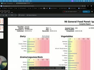 Screenshot of a Loom video presentation showing a 96 General Food Panel IgG test report. The report displays food sensitivity results for dairy, vegetables, and grains/legumes/nuts using color-coded reaction levels from low to high. Dr. Gary appears in a small webcam window in the bottom left while explaining how to interpret IgG food sensitivity testing and elimination diets.