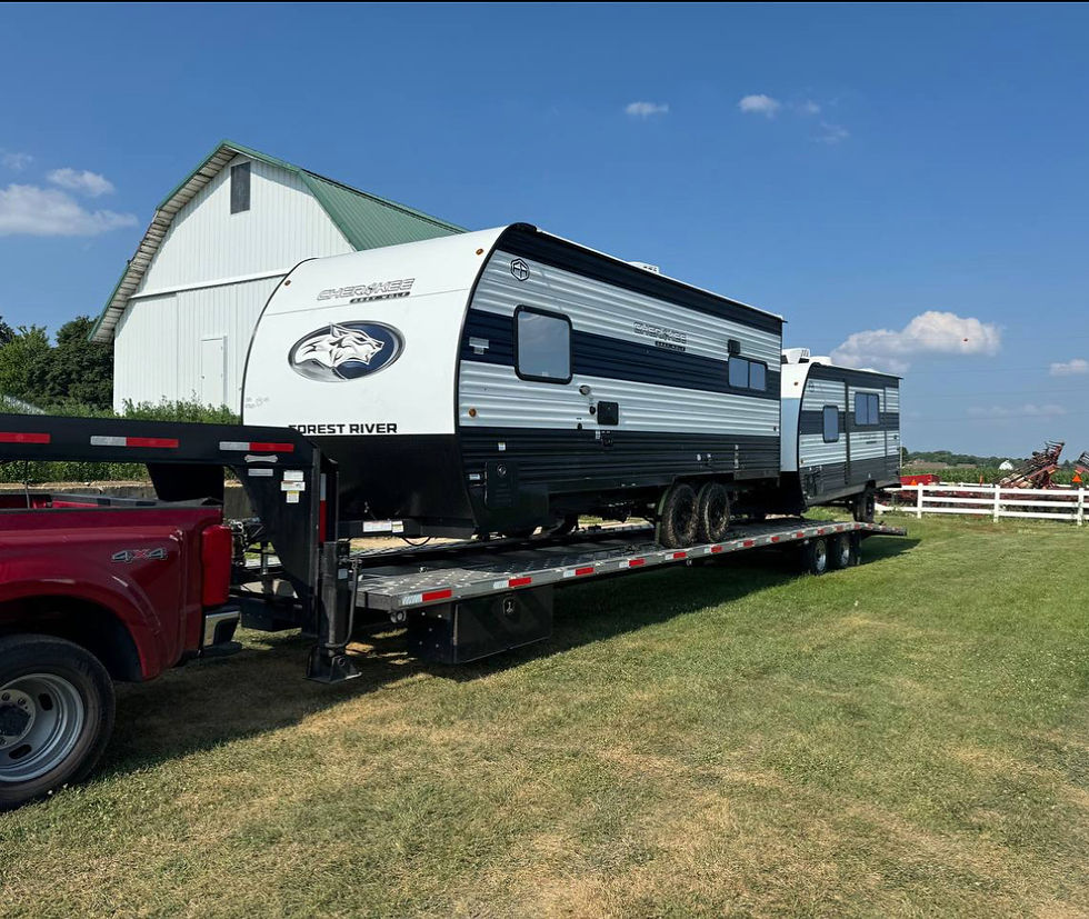 Eye-level view of a well-maintained RV parked in a scenic location