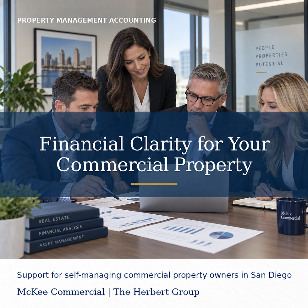 Four business professionals review charts in a modern office; text reads Property Management Accounting and Financial Clarity for Your Commercial Property