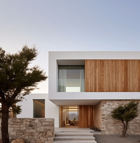 Modern home exterior with wooden accents and stone facade. Home visible in daylight.