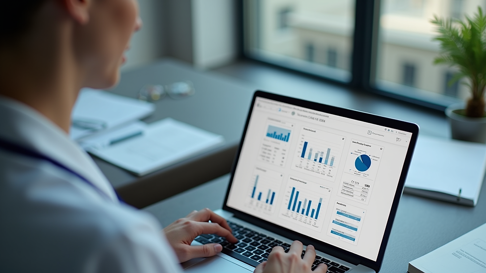 High angle view of a healthcare administrator analyzing billing reports on a laptop