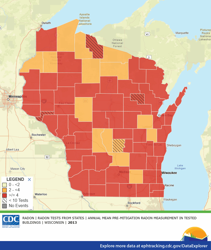 Radon testing results over time in all of Wisconsin