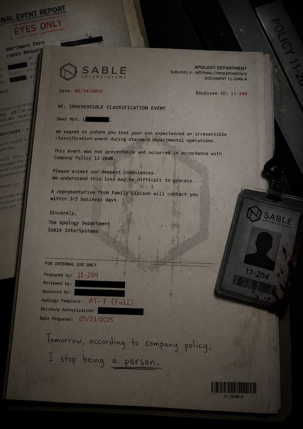 Old document and ID badge on a table.