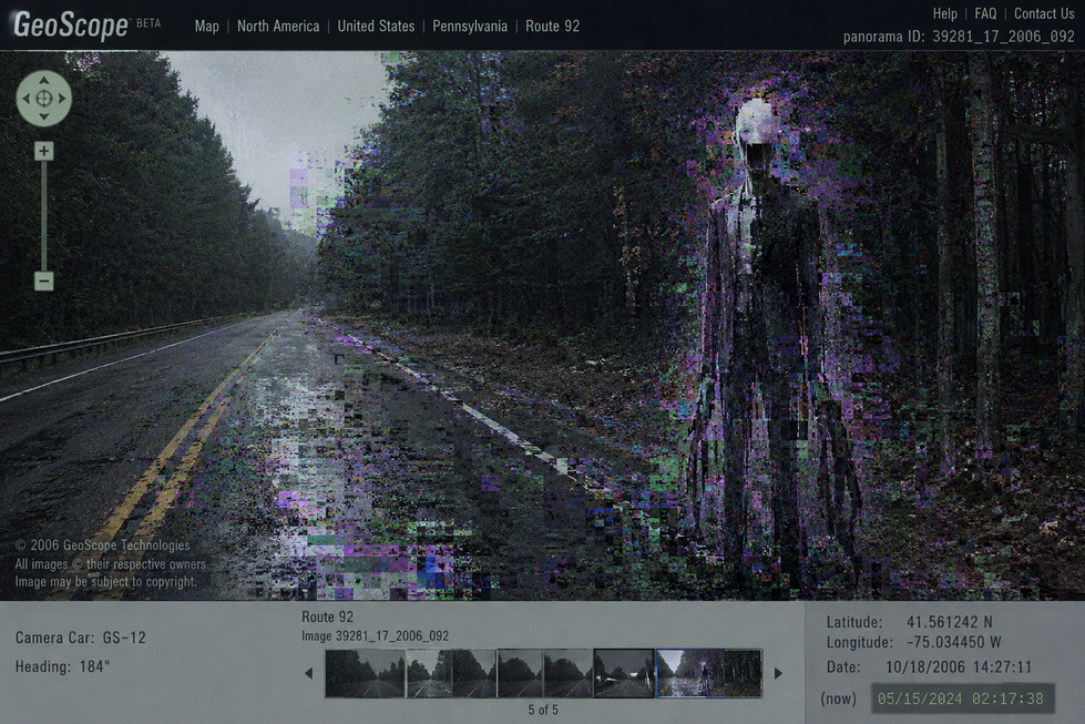 Mysterious figure on a rainy forest road.