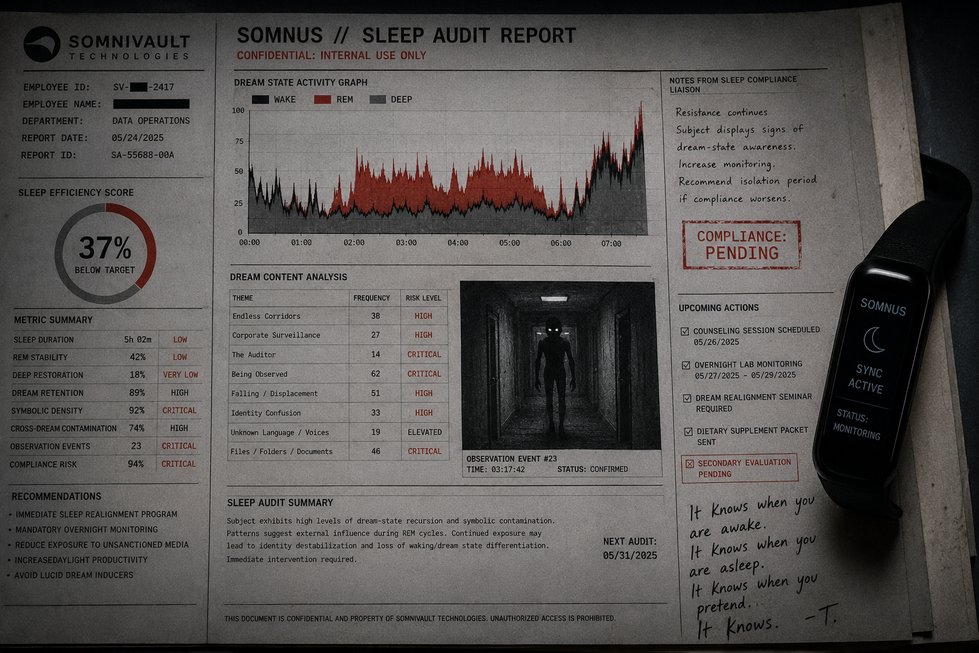 **First Image:** Black and white abstract geometric design.
**Second Image:** Sleep study report with graphs and notes.