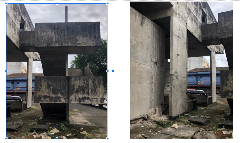 Figuras 5 e 6: Antiga escola Acácio de Paula Leite Sampaio. Obra de Décio Tozzi e Luiz Carlos Ramos, 1963-1969. Estado atual. Pormenor da situação de abandono e deterioração da escada da fachada norte. Fonte: Núcleo DOCOMOMO São Paulo, 28 set. 2024.