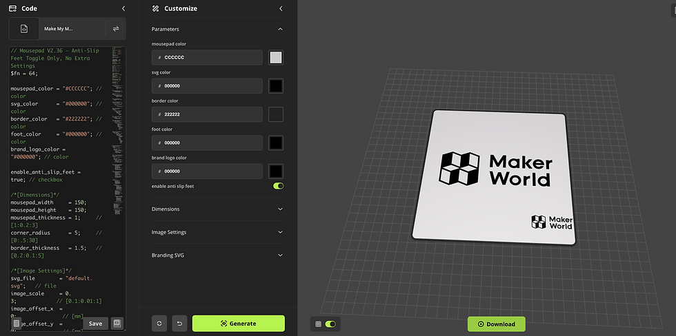 Workspace in MakerWorld's MakerLab OpenSCAD file viewer and editor