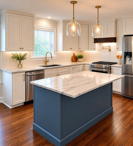 Transitional white shaker kitchen cabinetry paired with a denim blue central island in Asheville, NC.