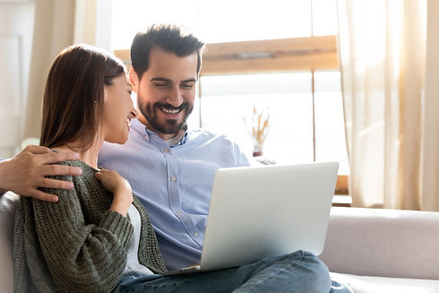 Head shot smiling young woman watching comedian movie or funny videos on computer with lov