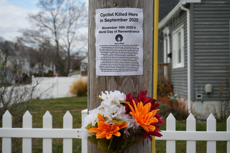 A small memorial at the site of where a bicyclist was struck by a vehicle on Foss Street, Biddeford