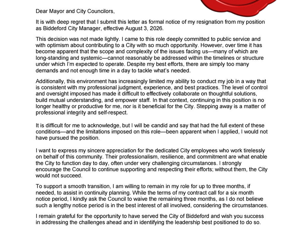 đź“°BREAKING: OFFICIAL RESIGNATION LETTER | Biddeford City Manager