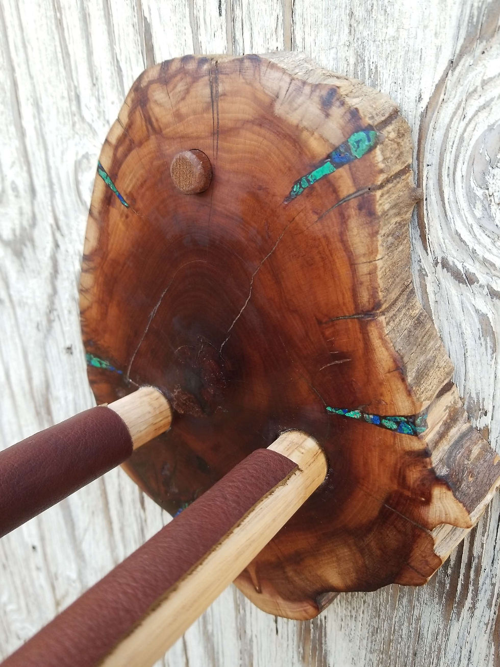 Thumbnail: Guitar Wall Hanger Live Edge Manzanita with Blue  Green Azurite Malachite Inlay 