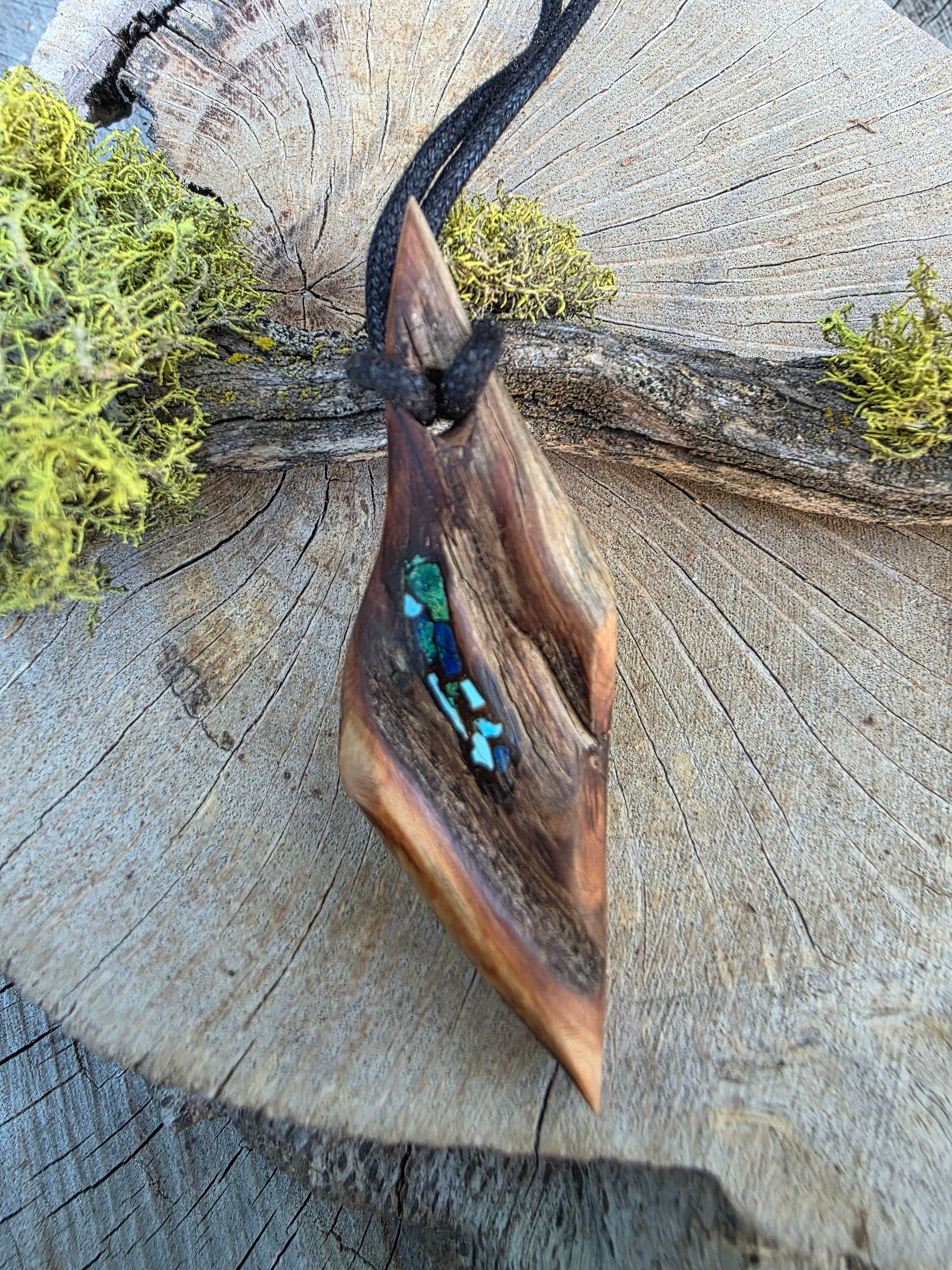 Wood Pendant with Turquoise,  Azurite and Malachite Inlay 