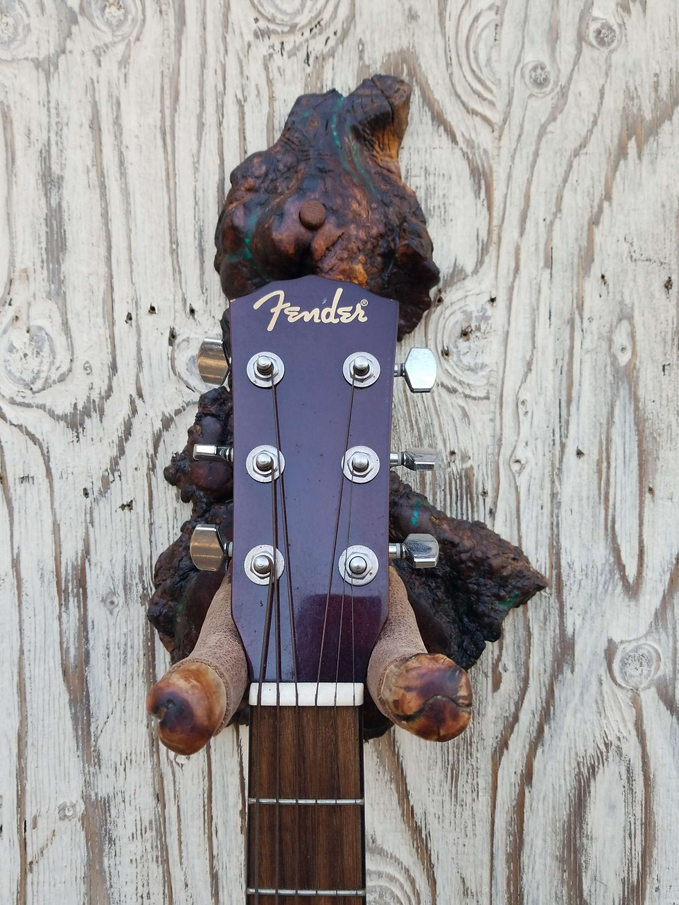 Thumbnail: Guitar Wall Hanger, Live Edge Manzanita Burl with Chrysocolla Malachite Inlay 