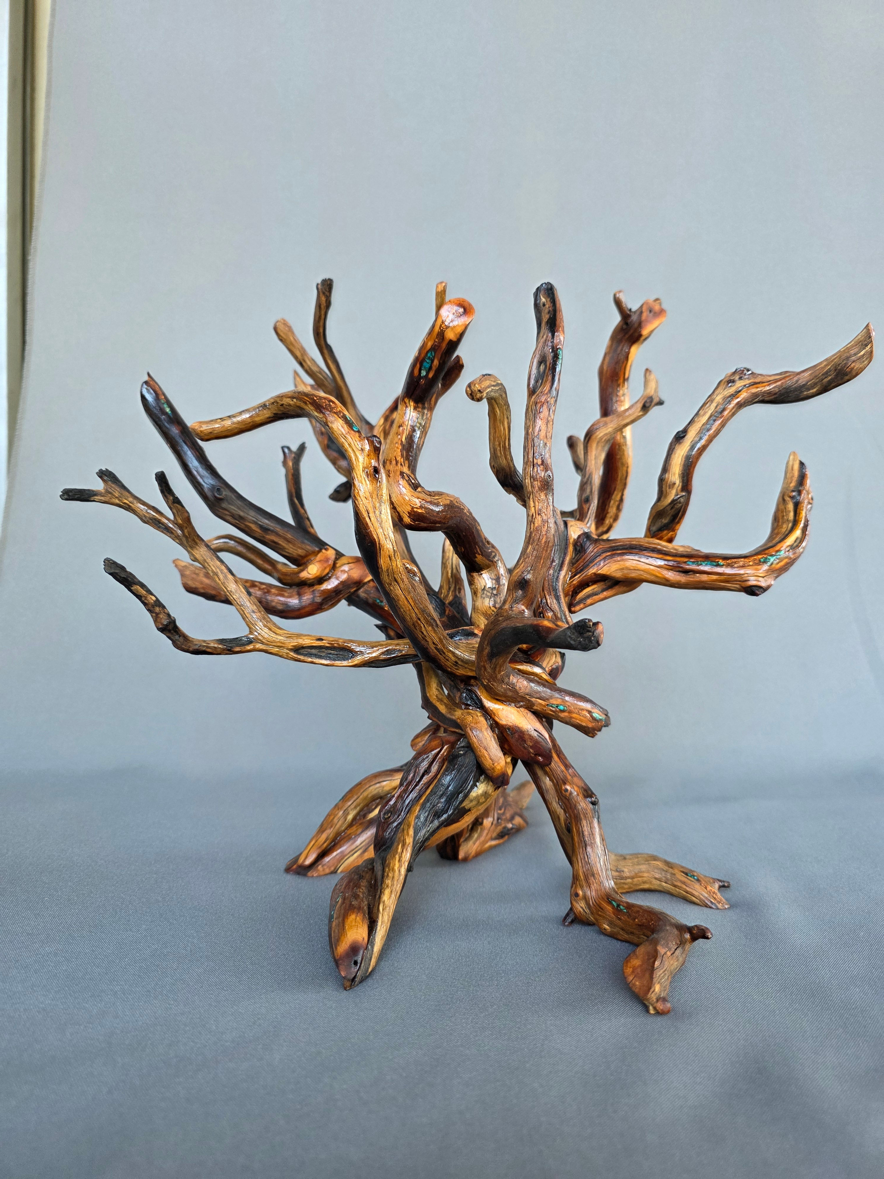 Manzanita Tree Sculpture, Chrysocolla, Malachite Synthetic Opal and Copper Inlay