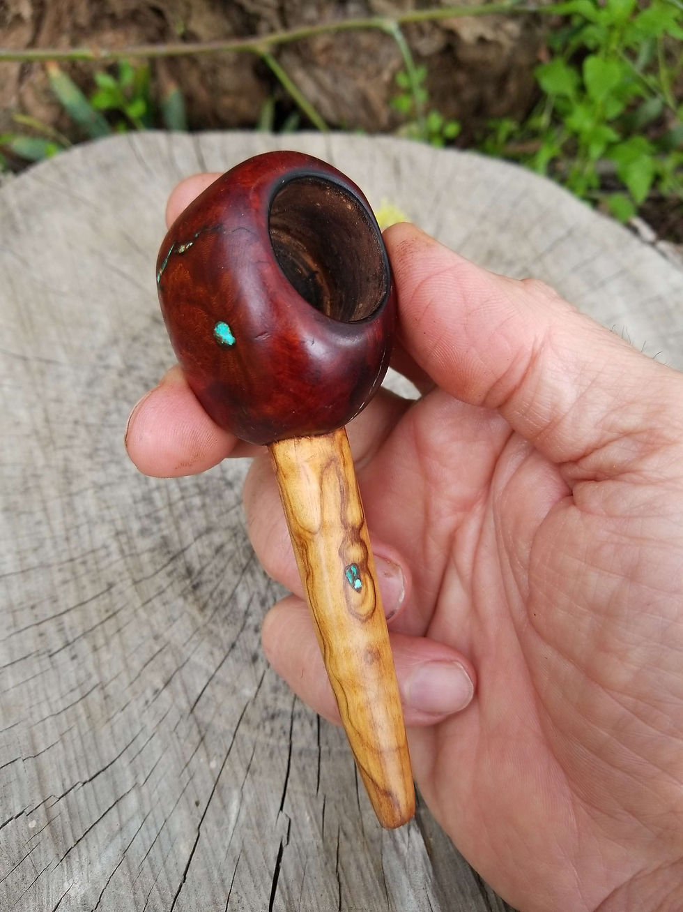 Thumbnail: Manzanita Cob Style Pipe, English Walnut with Bright Blue Turquoise Inlay 