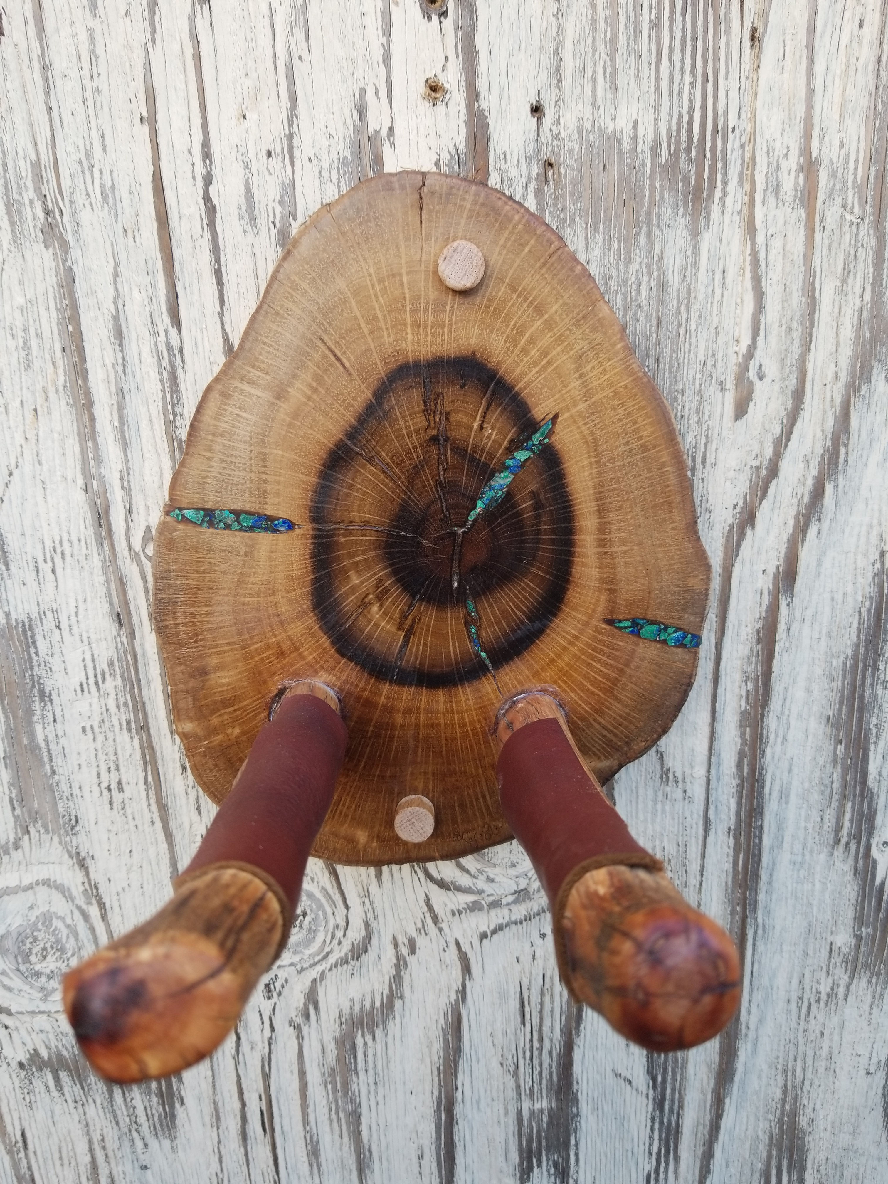 Guitar Wall Hanger Live Edge Oak Wood with Blue Green Azurite Malachite Inlay 