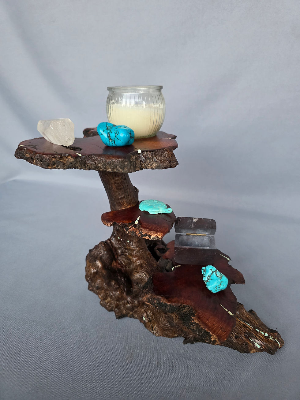 Thumbnail: Layered Manzanita Display Sculpture with Bright Blue Turquoise Inlay 