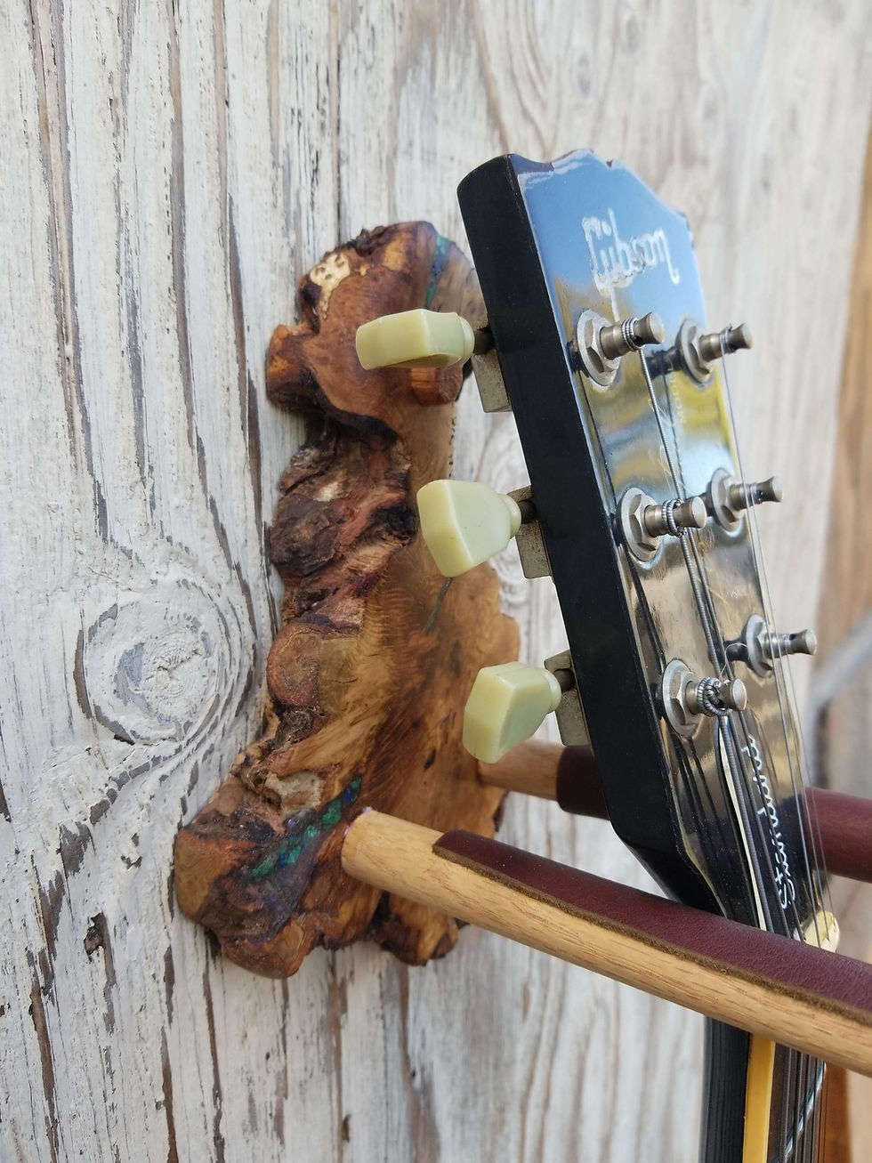 Thumbnail: Guitar Wall Hanger Live Edge Oak Burl with Blue Green Azurite Malachite Inlay 