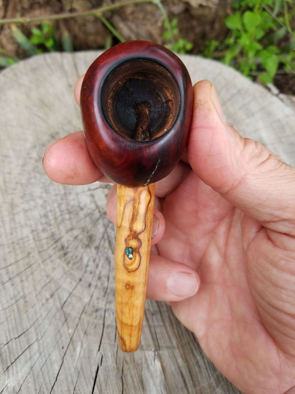 Thumbnail: Manzanita Cob Style Pipe, English Walnut with Bright Blue Turquoise Inlay 