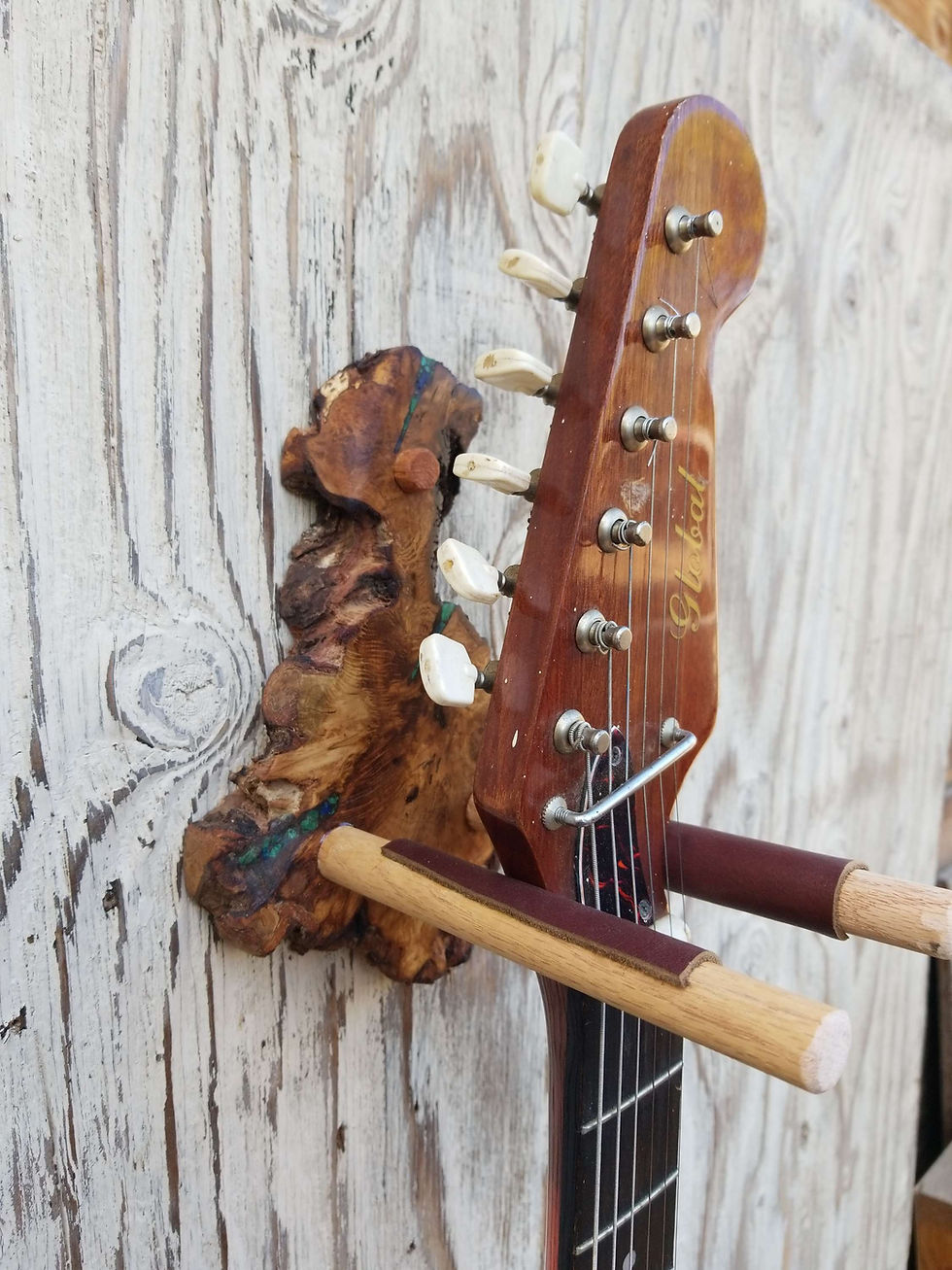 Thumbnail: Guitar Wall Hanger Live Edge Oak Burl with Blue Green Azurite Malachite Inlay 