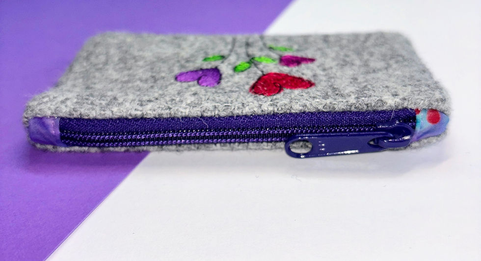 Thumbnail: Grey Coin Purse with Embroidered  Heart Flowers