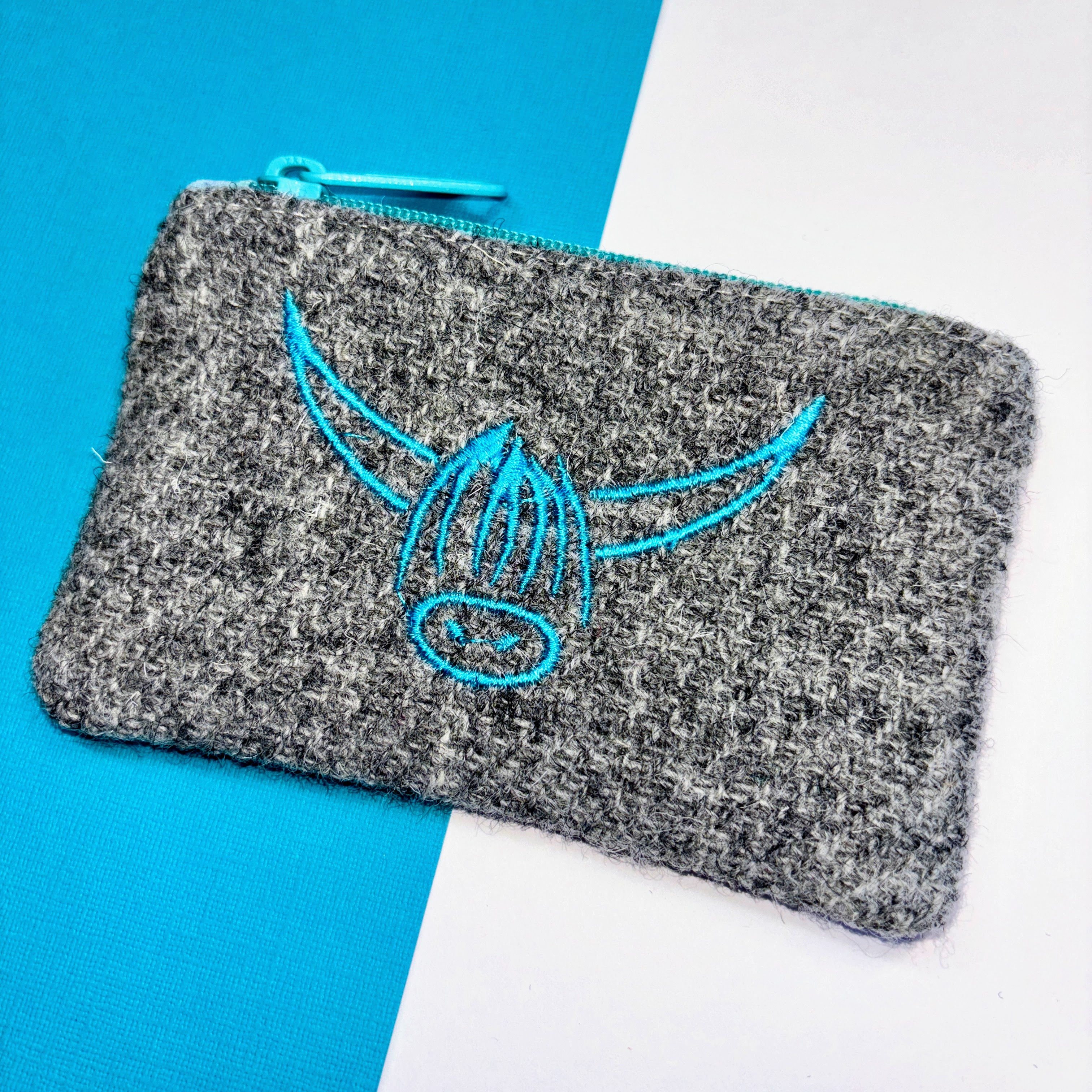Light Blue Highland Cow on Grey Coin Purse