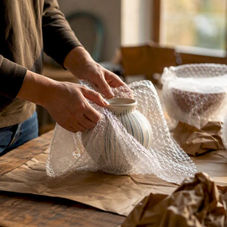 Hands wrapping vase with bubble wrap and packing paper
