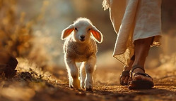 Uma ovelhinha caminhando ao lado dos pés de Jesus.