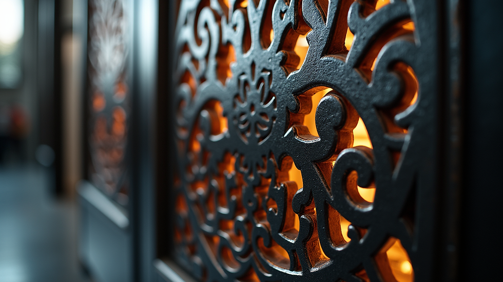 Eye-level view of a laser-cut metal door panel with intricate design