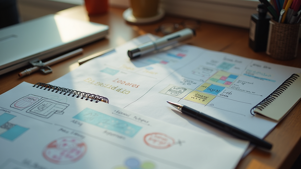 High angle view of a creative workspace with brainstorming materials