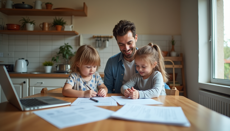 Eye-level view of a family reviewing insurance documents at a kitchen table