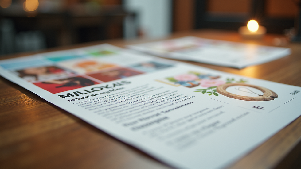 Eye-level view of a printed flyer showcasing vibrant personalized designs