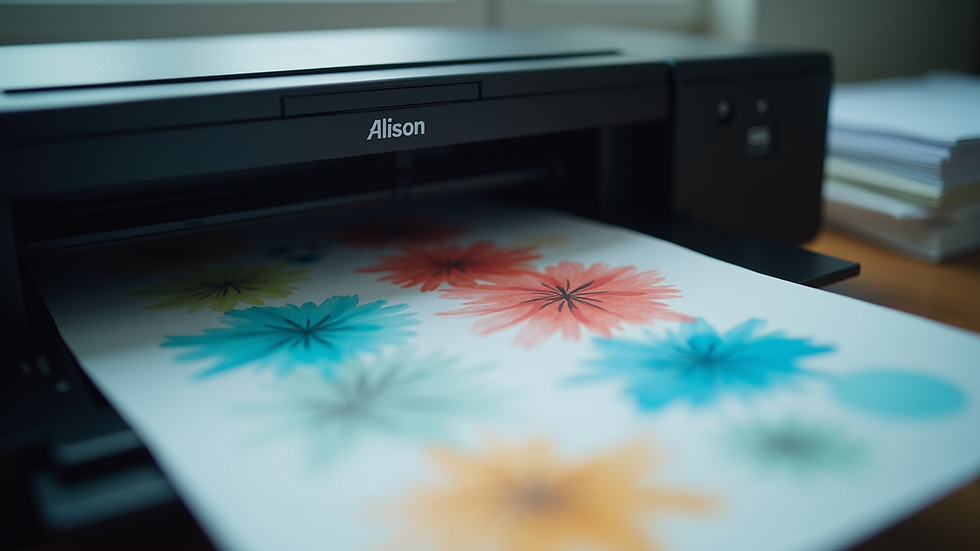 Close-up view of a printer operating with vibrant colored papers