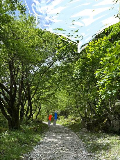 photo of a path in the woods that has been cropped and edited to add figures and more sky