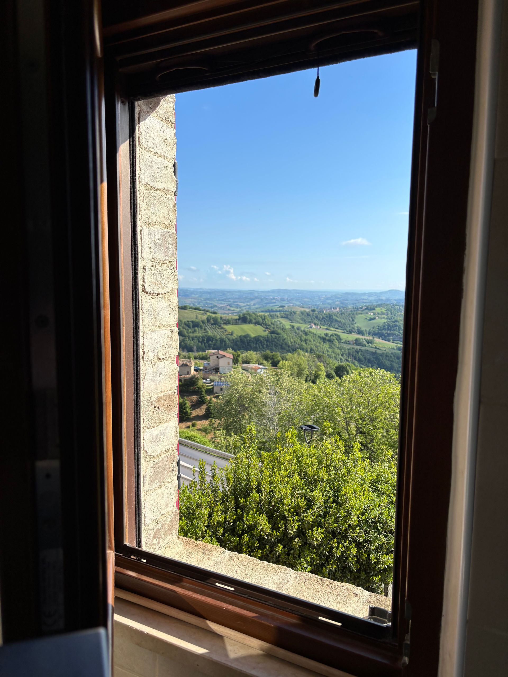 view through the window of trees and rolling hills