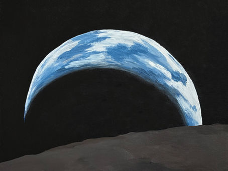 An acrylic painting of the earth as a crescent with the moon in the foreground based on a photo from the artemis II mission by NASA