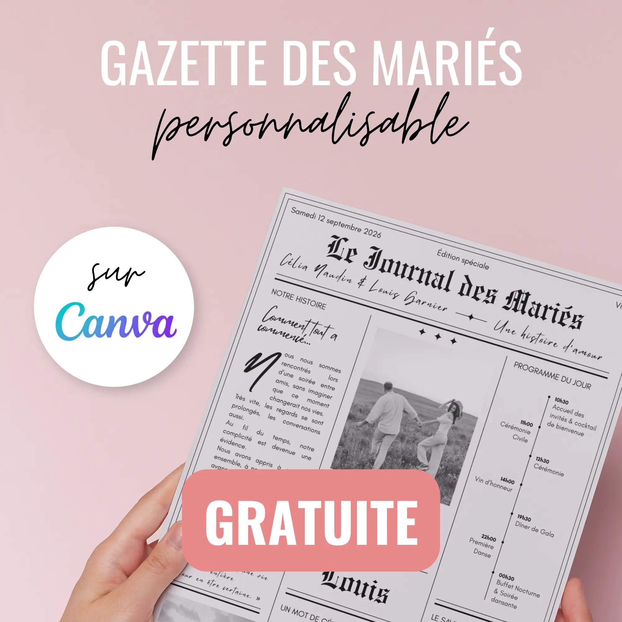 Modèle de gazette des mariés gratuit personnalisable sur Canva
