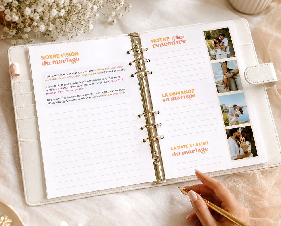 Planner mariage ouvert sur la checklist à compléter à la main