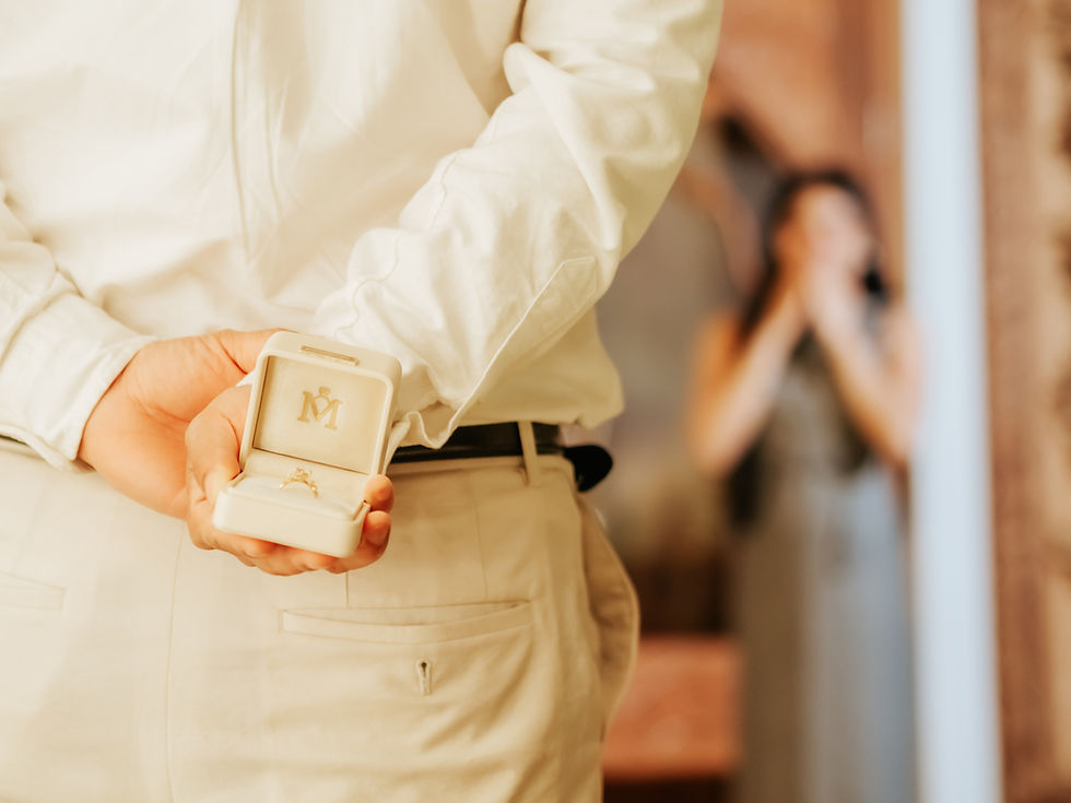 Man in white shirt hiding a ring box behind his back with a blurred woman in the background appearing surprised, indoors.