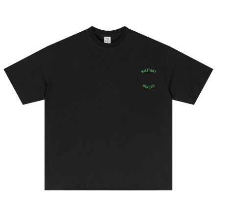 Black militant t-shirt with small green chest logo