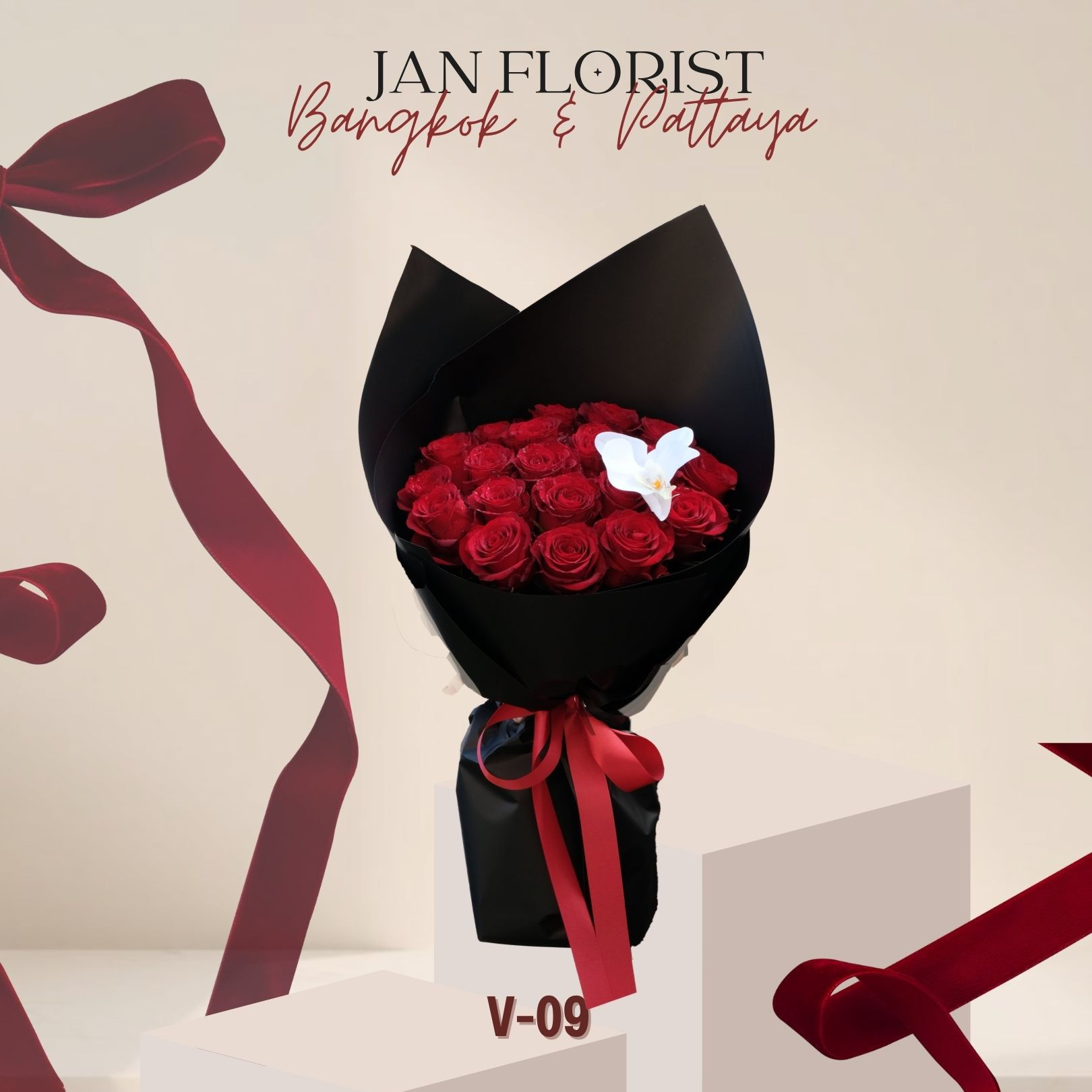 V-09 Red Rose Valentine Bouquet with black wrapping paper - Jan Florist, Delivery in Bangkok and Pattaya