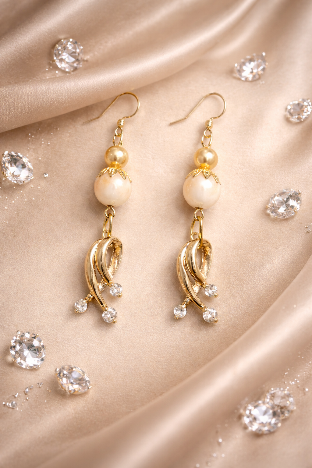 Cream Pearl & Gold Crystal Dangle Earrings – Timeless Glamour & Light