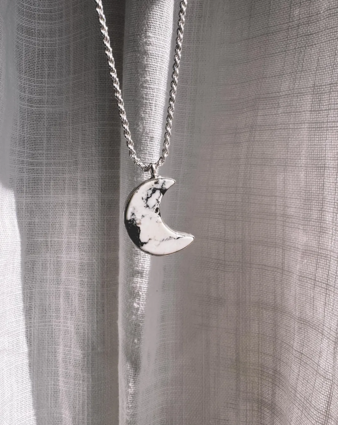 Thumbnail: Crescent Moon Necklace in Silver/Gold and White Buffalo/Turquosie - w chain